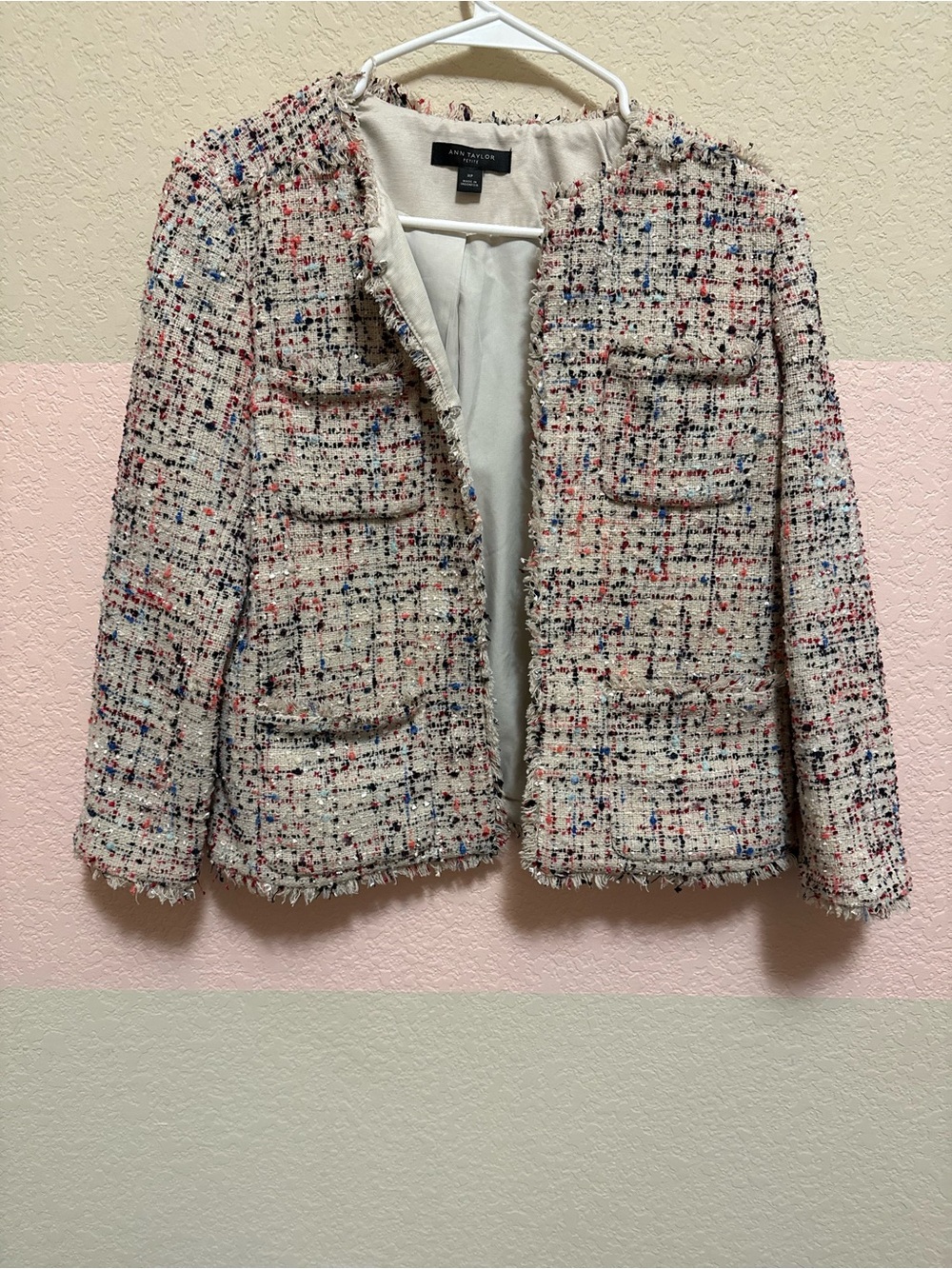 Ann Taylor Multicolor Tweed Fringed Open-Front Blazer